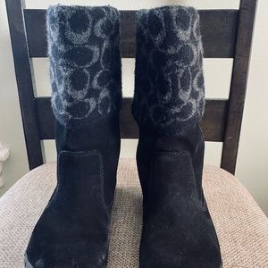 Coach; Tatum boot; black suede with gray/black faux sock lining;; size 6.5